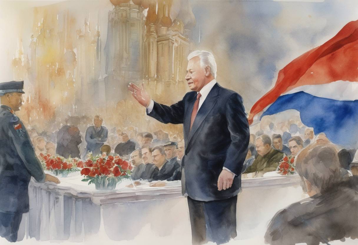 Watercolor painting based depiction of Boris Yeltsin declares Russia's independence from the Soviet Union. (1991)