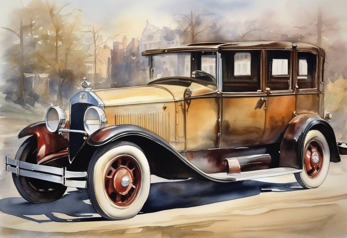 Watercolor painting based depiction of The first diesel-engine automobile trip is completed, from Indianapolis to New York City. (1930)