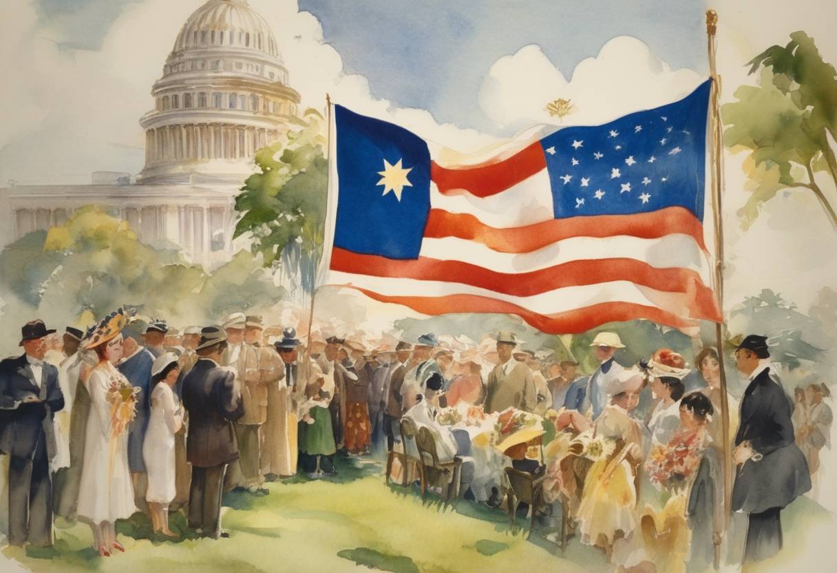 Watercolor painting based depiction of The United States granted independence to the Philippines through the Tydings–McDuffie Act, which provided for the establishment of a ten-year transition period to full independence. (1934)