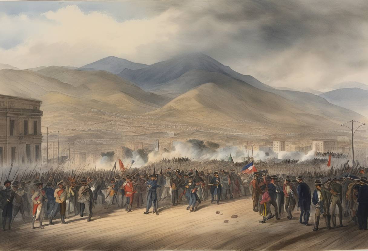 Watercolor painting based depiction of The final day of an uprising in La Paz, Bolivia, known as the 'Revolution of July 3rd,' leading to the end of President José Ballivián's coup, which had started in 1839. (1844)