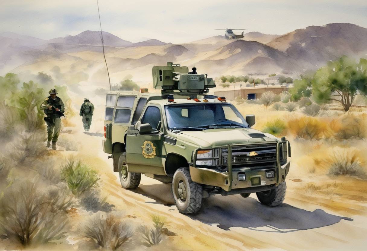 Watercolor painting based depiction of The U.S. Border Patrol implemented Operation Jump Start, deploying National Guard troops to supplement security along the United States-Mexico border. (2006)