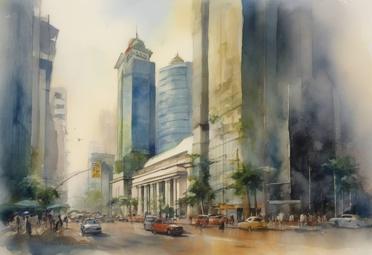 Watercolor painting based depiction of Jakarta Stock Exchange Composite Index (JCI) reached its lowest point at 392.831 in May 2003 as a result of the 1997 Asian financial crisis. (2003)