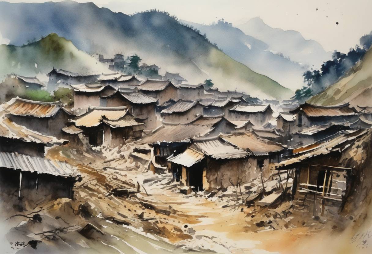 Watercolor painting based depiction of Tonghai earthquakes took place, causing significant destruction in the region. (1970)