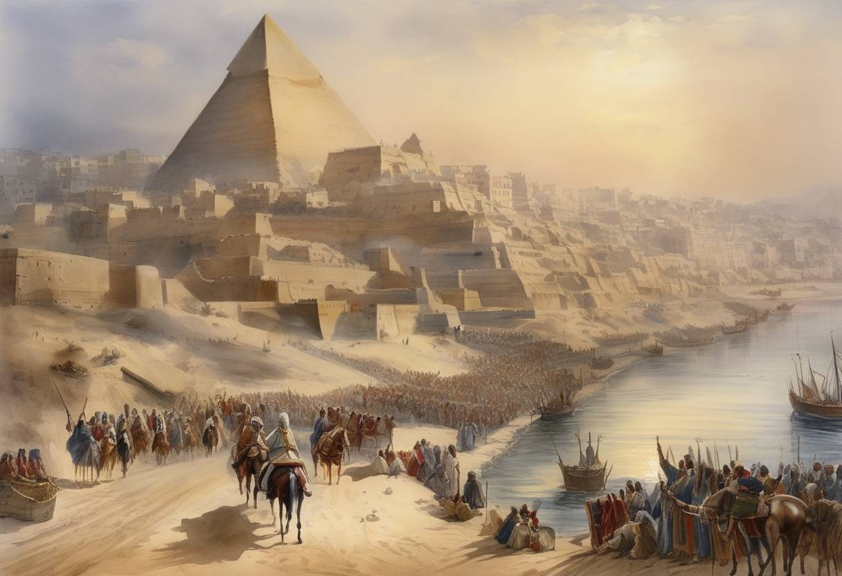 Watercolor painting based depiction of King Amalric I of Jerusalem launched an expedition into Egypt with the intention of capturing Cairo. This marked part of the ongoing power struggle during the Crusades between the Christian and Muslim forces. (1164)