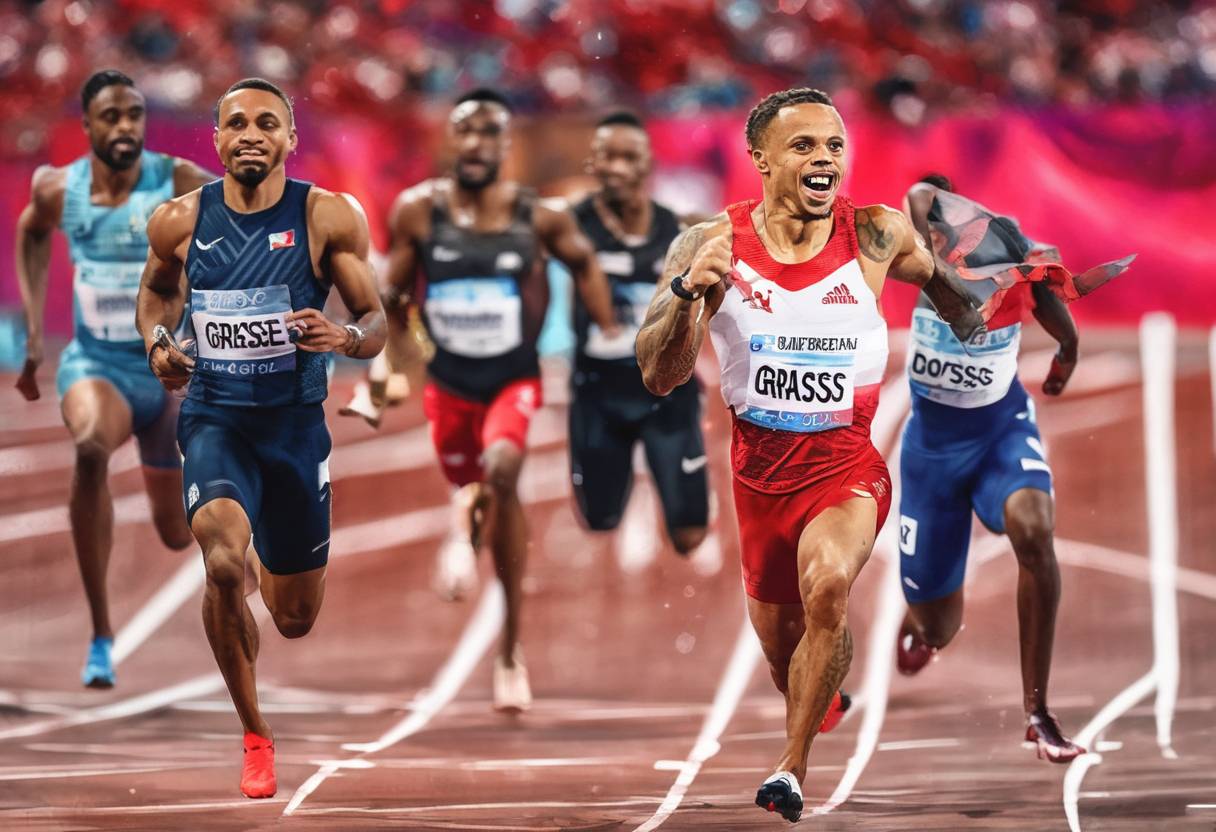 Watercolor painting based depiction of Andre de Grasse wins gold in the men's 4x100m relay at the Tokyo 2020 Olympics, marking a significant achievement for Canada in athletics. (2021)