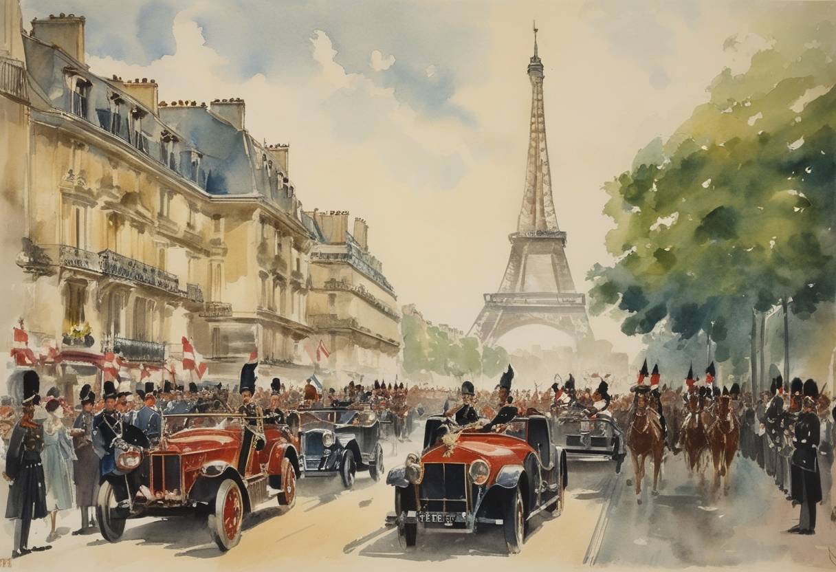 Watercolor painting based depiction of Paris celebrated Bastille Day two days early by holding elaborate parades and military reviews. (1951)