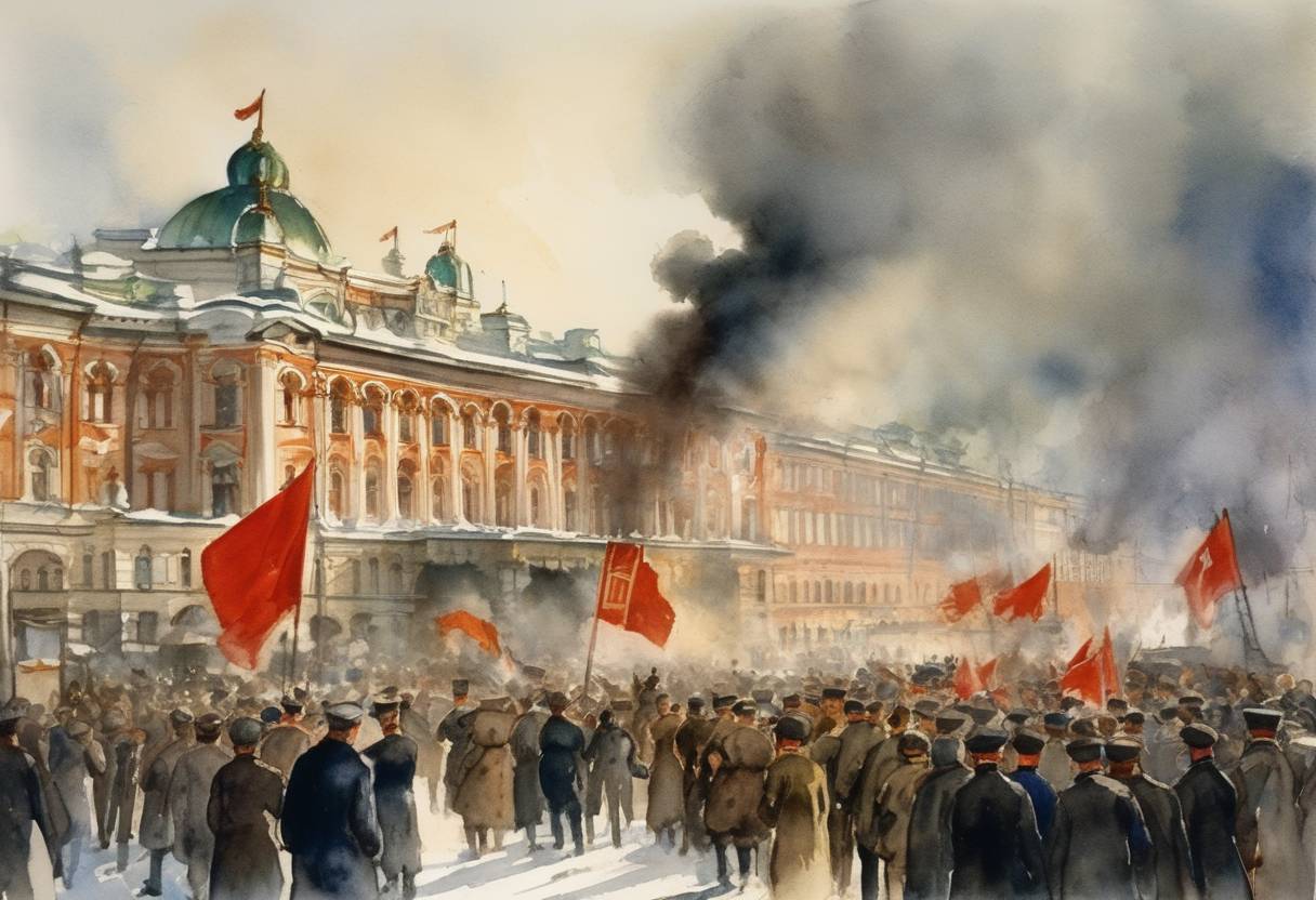 Watercolor painting based depiction of The October Revolution begins in Russia with the Bolshevik-led assault on the Winter Palace, marking a crucial turn in the Russian Revolution. (1917)