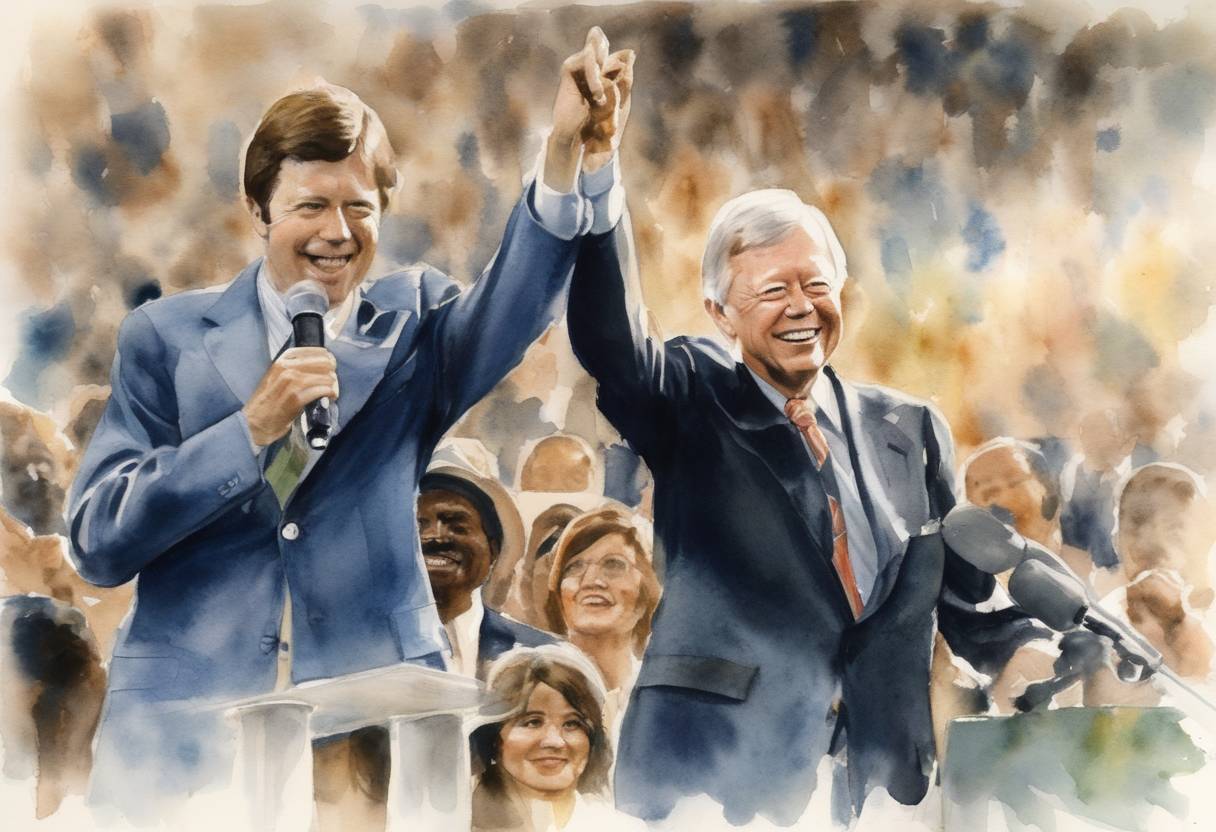 Watercolor painting based depiction of Jimmy Carter wins the Democratic presidential nomination at the Democratic National Convention in New York City. (1976)