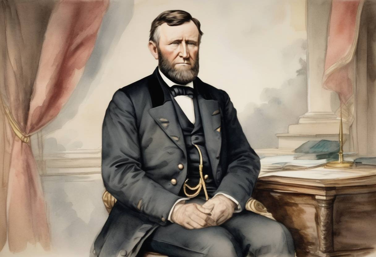 Watercolor painting based depiction of Ulysses S. Grant, the 18th President of the United States and Union general during the American Civil War, was born. (1822)