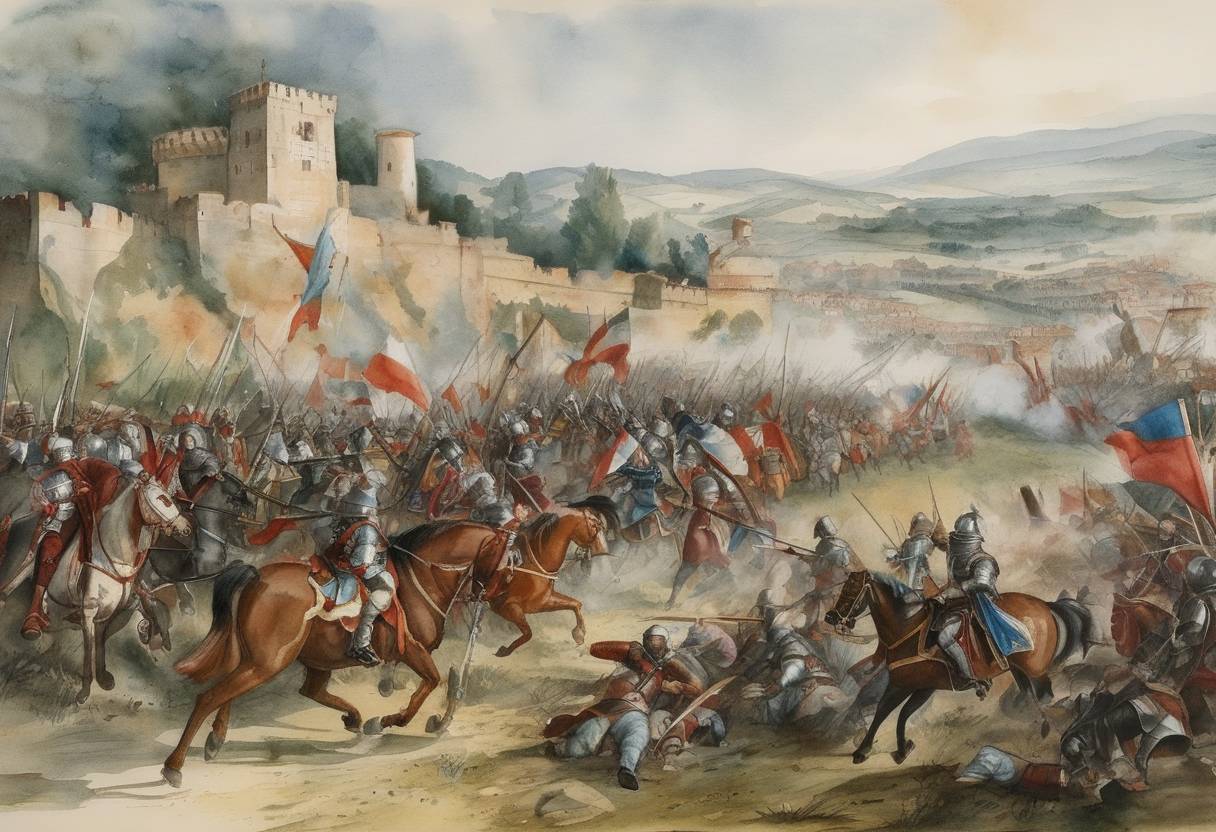 Watercolor painting based depiction of The Battle of Cerignola occurs, marking a significant turning point in the Italian Wars. Spanish forces under Gonzalo de Córdoba decisively defeat the French army. (1503)