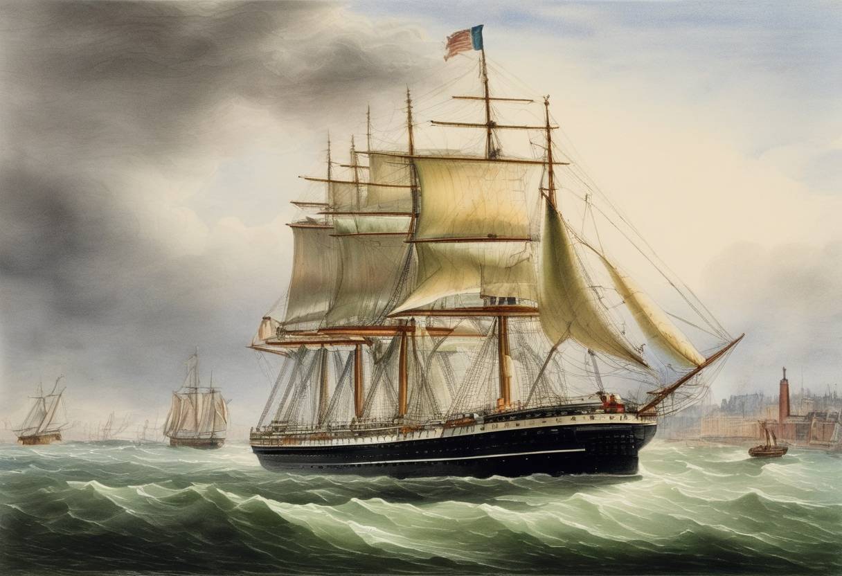 Watercolor painting based depiction of The Sirius becomes the first steamship to cross the Atlantic Ocean, departing from Cork, Ireland, and arriving in New York City. (1838)
