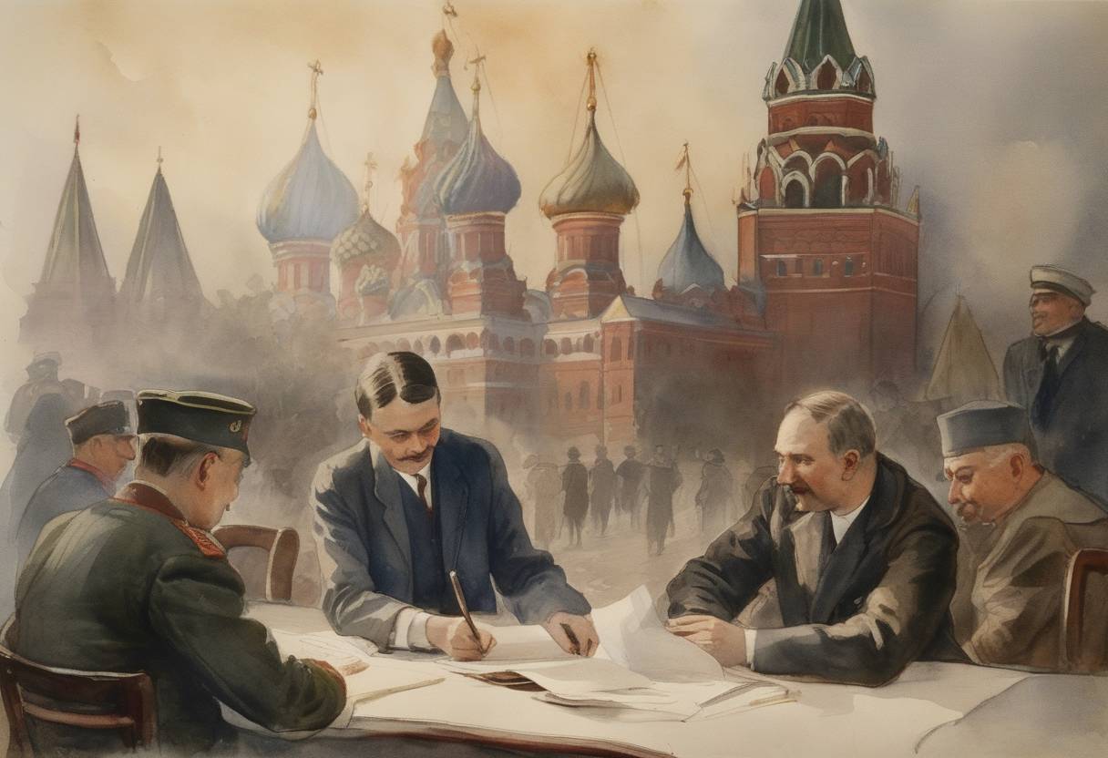 Watercolor painting based depiction of The Soviet–Lithuanian Peace Treaty was signed, which recognized Lithuanian independence from Soviet Russia. (1920)