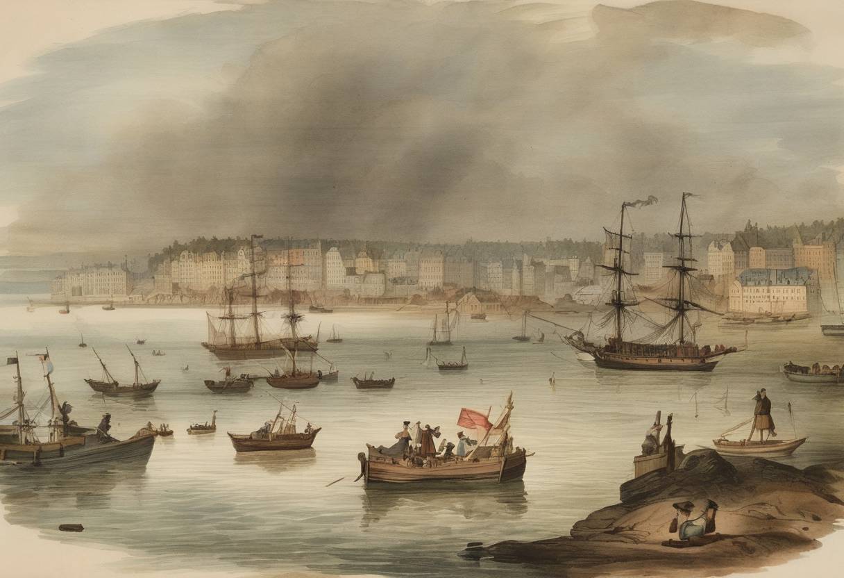 Watercolor painting based depiction of The first newspaper in Canada, the Halifax Gazette, was published in Halifax, Nova Scotia. (1754)