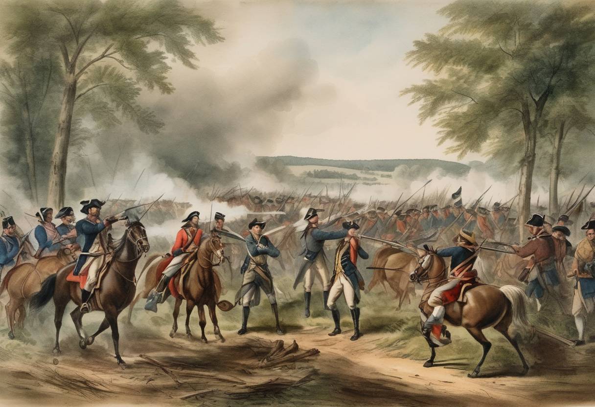 Watercolor painting based depiction of The Battle of Alamance, a pre-Revolutionary War battle between local militia and a group of rebellious farmers known as the Regulators, occurred in North Carolina. (1771)