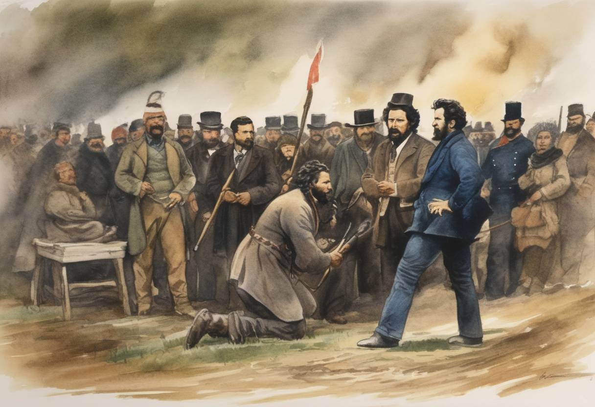 Watercolor painting based depiction of Louis Riel, a Canadian political and Métis leader, was executed for treason in Regina, Northwest Territories, after leading the North-West Rebellion against the Canadian government. (1885)