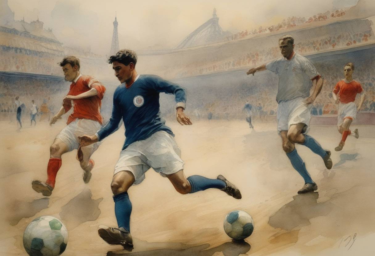 Watercolor painting based depiction of Federation Internationale de Football Association (FIFA), the international governing body of association football, futsal, and beach soccer, was founded in Paris, France. (1904)