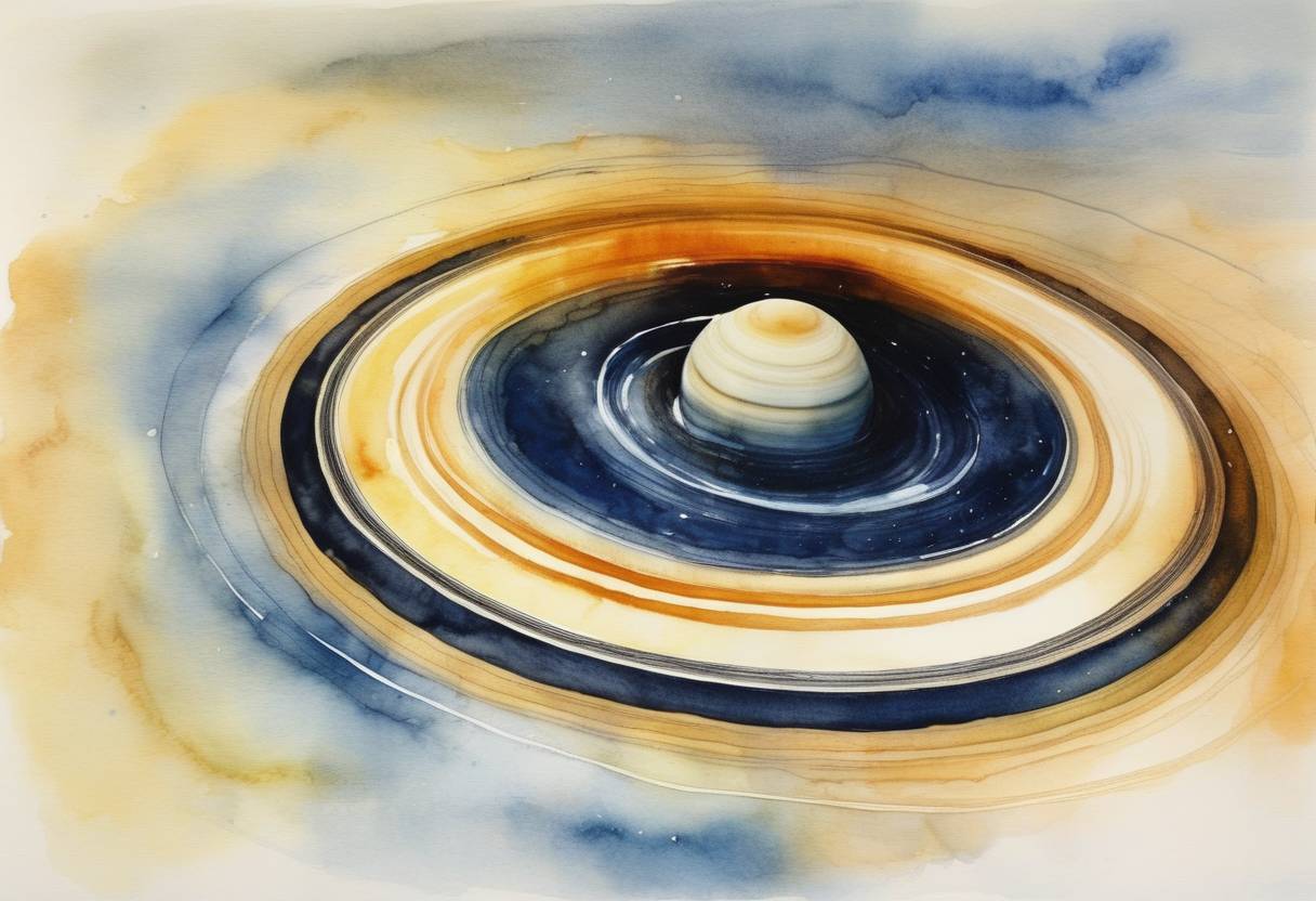 Watercolor painting based depiction of The Rings of Saturn are discovered by NASA's Voyager 1 spacecraft, significantly adding to our understanding of the planet's complex ring system. (1977)