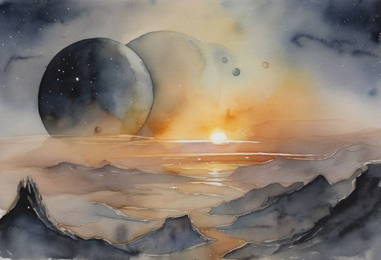Watercolor painting based depiction of The International Astronomical Union (IAU) votes to reclassify Pluto as a 'dwarf planet,' reducing the number of planets in our solar system from nine to eight. (2006)