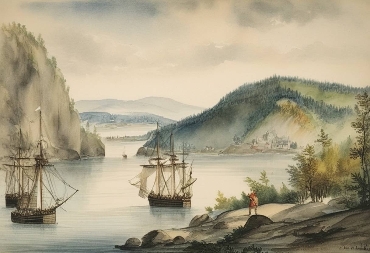 Watercolor painting based depiction of Jacques Cartier landed near Quebec on his third voyage to Canada. (1541)