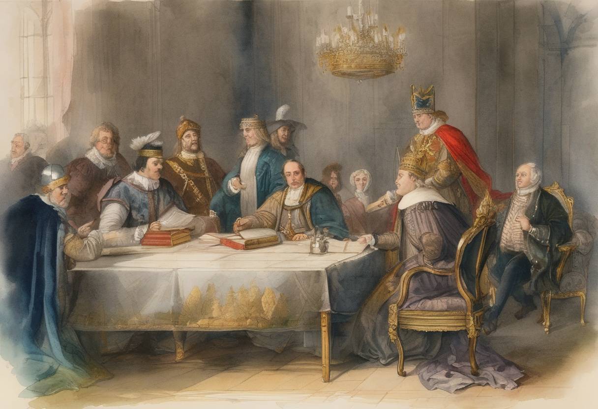 Watercolor painting based depiction of The Treaty of Paris was signed, formally ending the Franco-British conflicts in Gascony. The treaty restored the original possessions of Eleanor of Aquitaine to the English Crown under Edward I, with agreement on judicial appeals to the French court being limited. (1293)