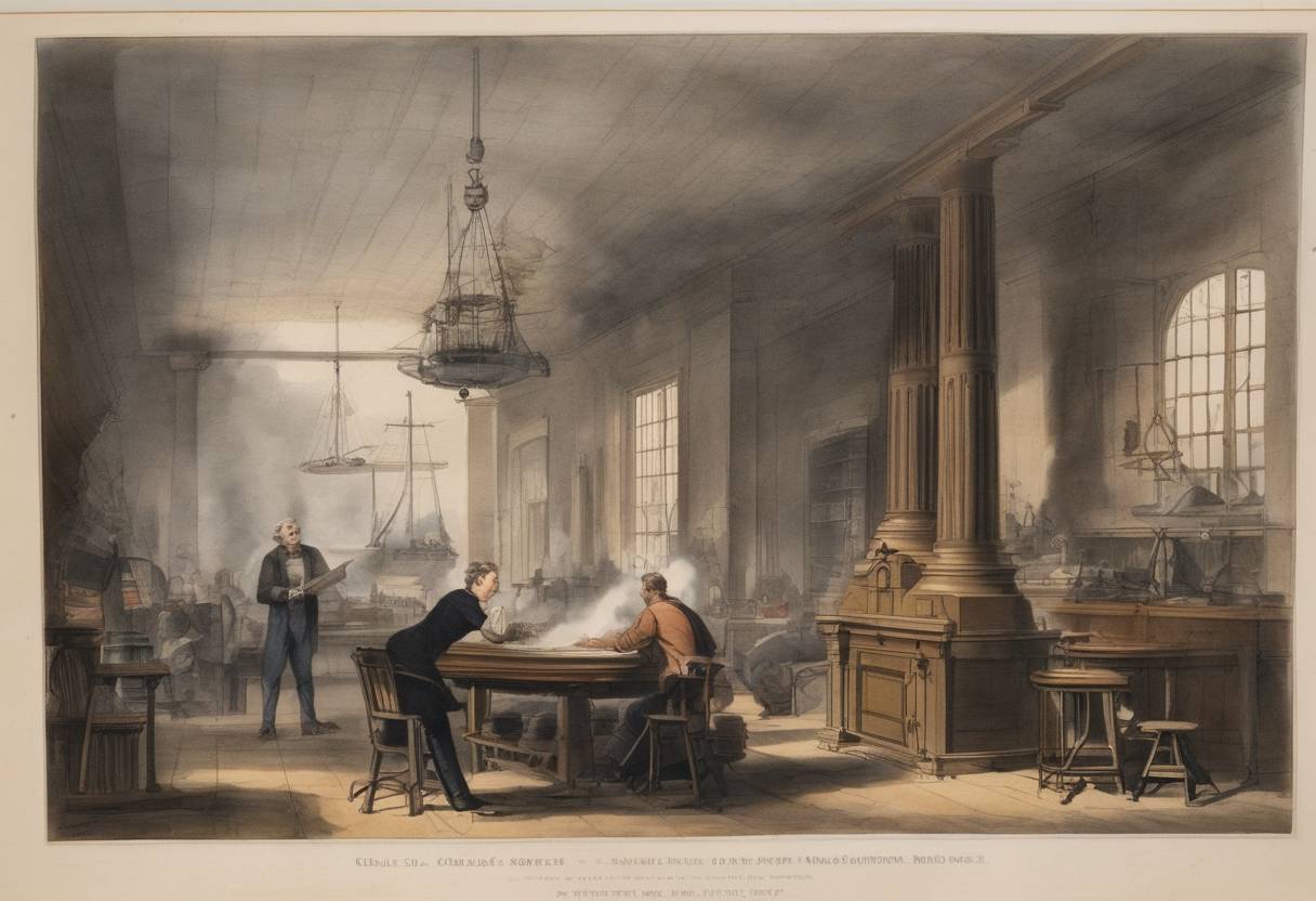 Watercolor painting based depiction of Charles Goodyear is granted US patent number 3633 for his process to vulcanize rubber, which significantly advances the rubber industry. (1844)