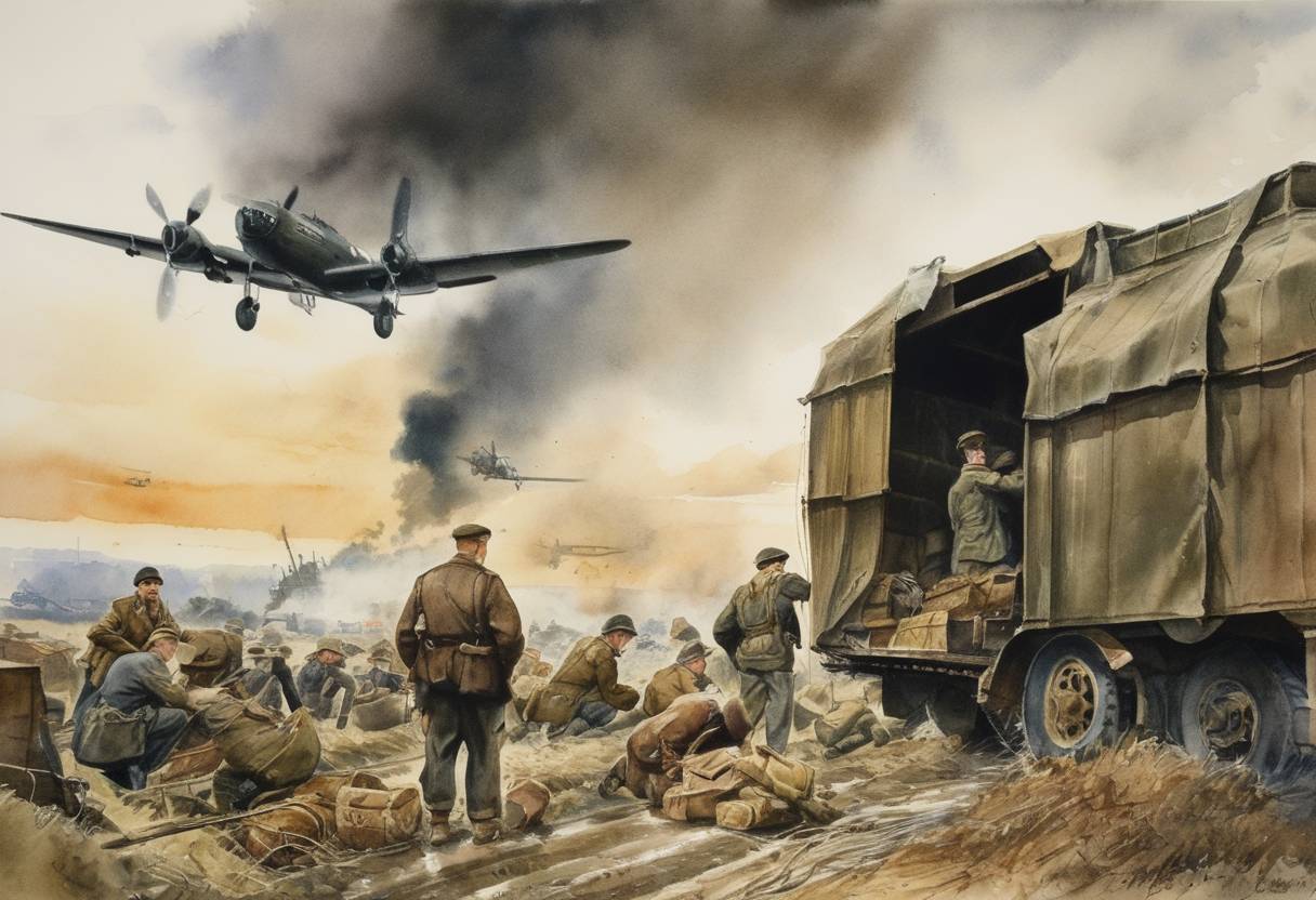 Watercolor painting based depiction of World War II: Operation Carpetbagger, involving the dropping of supplies and agents for resistance groups in Europe, begins. (1944)