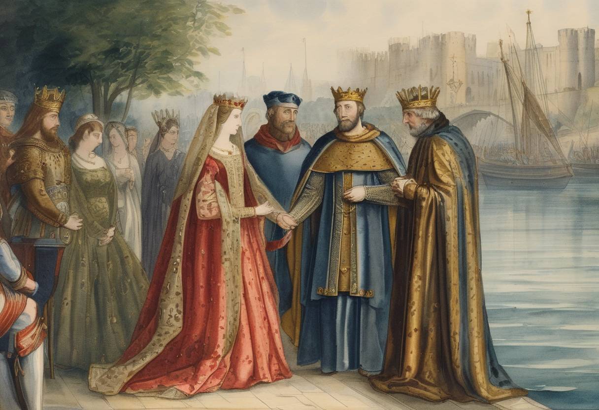 Watercolor painting based depiction of Edward II of England marries Isabella of France. (1308)