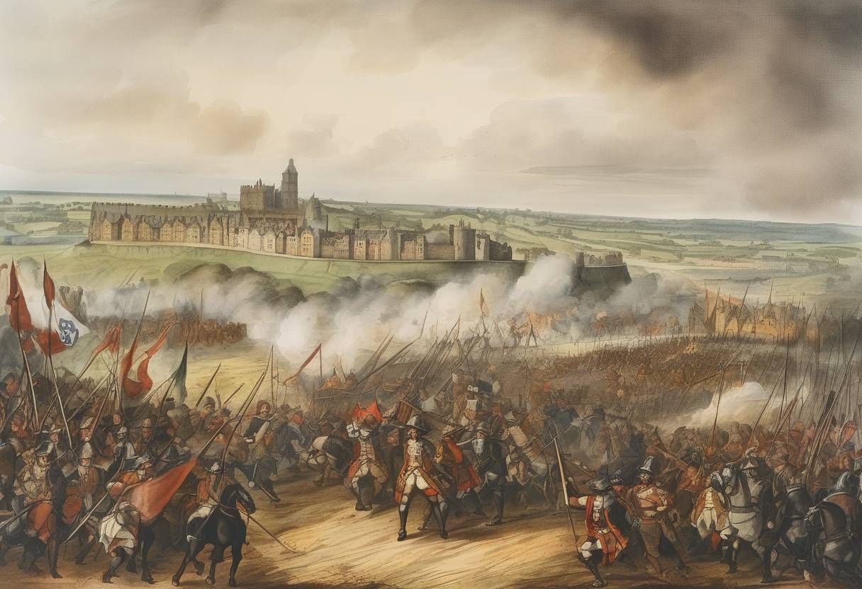 Watercolor painting based depiction of The Battle of Drogheda took place during the Cromwellian conquest of Ireland, leading to the capture of Drogheda by the Parliamentarian forces led by Oliver Cromwell. (1650)