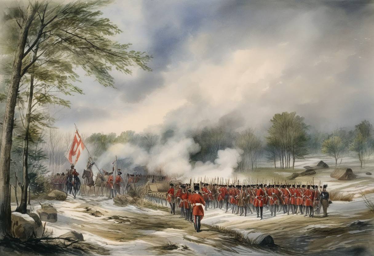 Watercolor painting based depiction of British forces under General Isaac Brock begin preparing defenses in Upper Canada, anticipating war with the United States, which would be declared later in June. (1812)