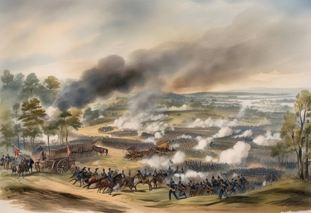 Watercolor painting based depiction of The Battle of Port Republic in the American Civil War took place, where Confederate General Thomas 'Stonewall' Jackson secured a victory over Union forces, effectively ending the Union campaign in the Shenandoah Valley. (1862)