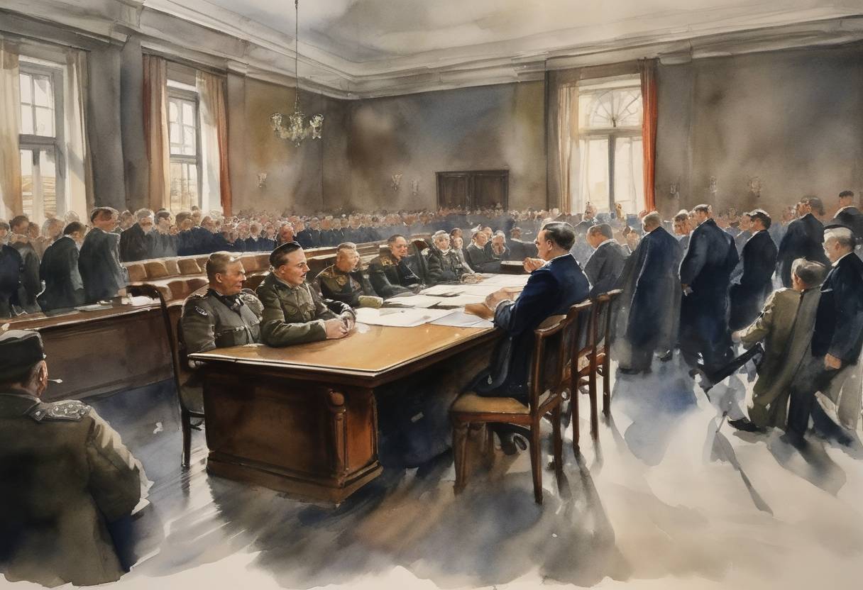 Watercolor painting based depiction of The Trial of the Generals, a large-scale legal process of former officers of the German Wehrmacht, began in Poland. (1950)