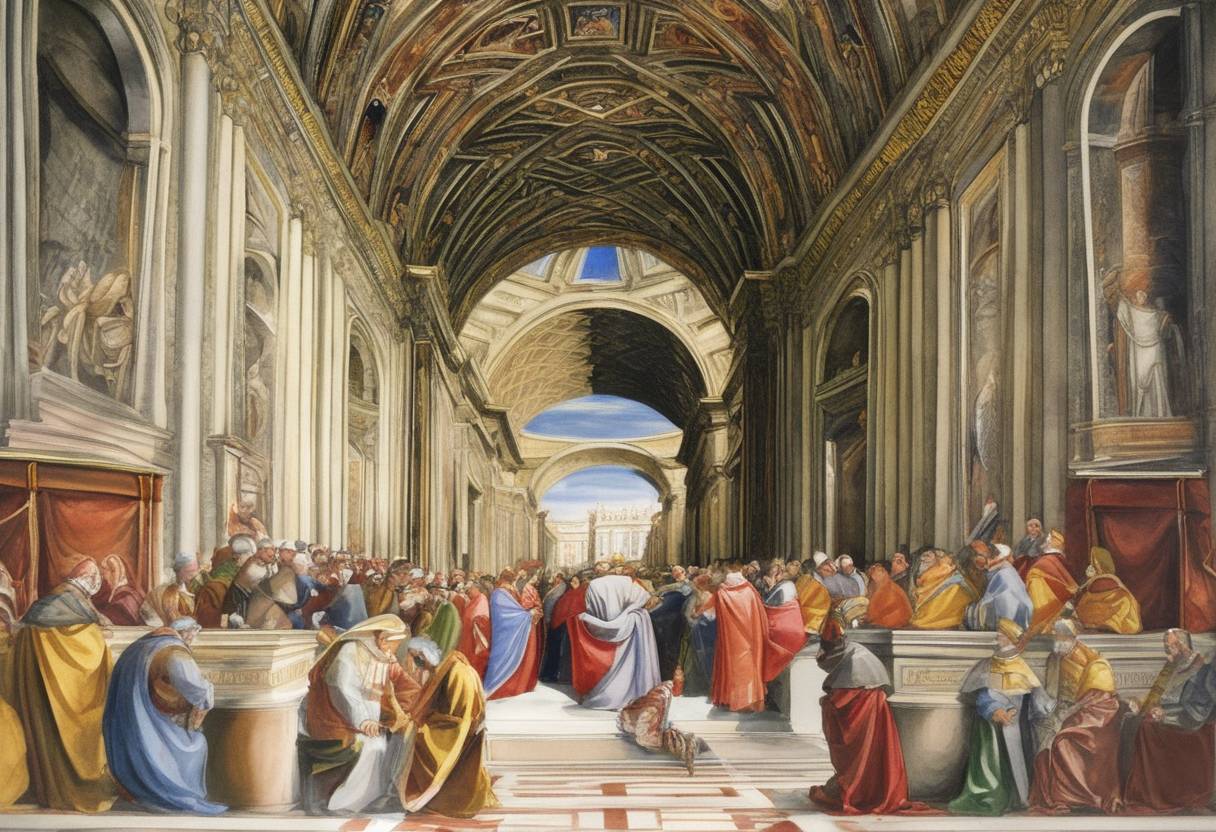 Watercolor painting based depiction of Pope Sixtus IV consecrated the Sistine Chapel, the chapel of the Apostolic Palace in Vatican City. (1483)