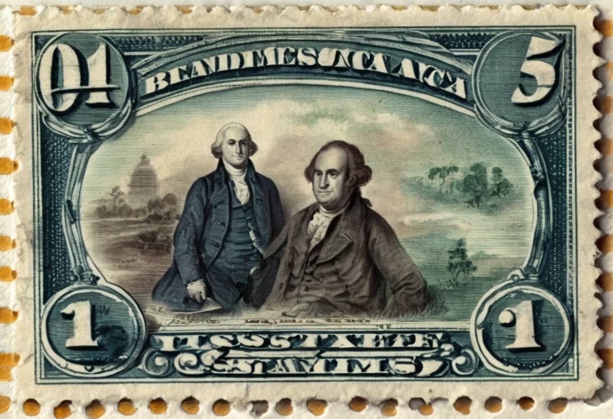 Watercolor painting based depiction of The United States issues the first postage stamps, featuring Benjamin Franklin and George Washington. (1847)