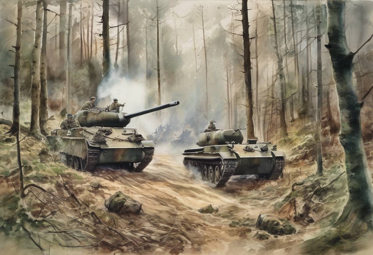 Watercolor painting based depiction of The Battle of Hürtgen Forest began during World War II, a protracted and costly series of battles between American and German forces. (1944)