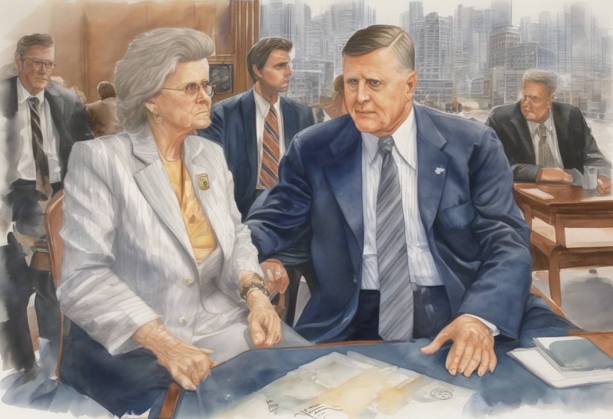Watercolor painting based depiction of George Steinbrenner is forced by Commissioner Fay Vincent to resign as principal owner of the New York Yankees. (1990)