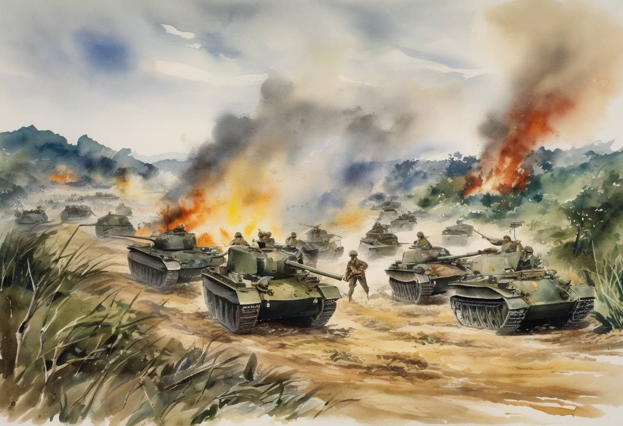 Watercolor painting based depiction of The Battle of Okinawa came to an end. This was one of the bloodiest battles in the Pacific during World War II, marking the final stages of the war in the Pacific against Japan. (1945)