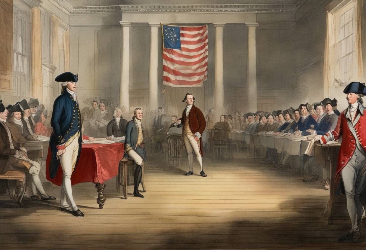Watercolor painting based depiction of Patrick Henry delivered his famous 'If this be treason, make the most of it!' speech against the British Stamp Act at the Virginia House of Burgesses. (1765)