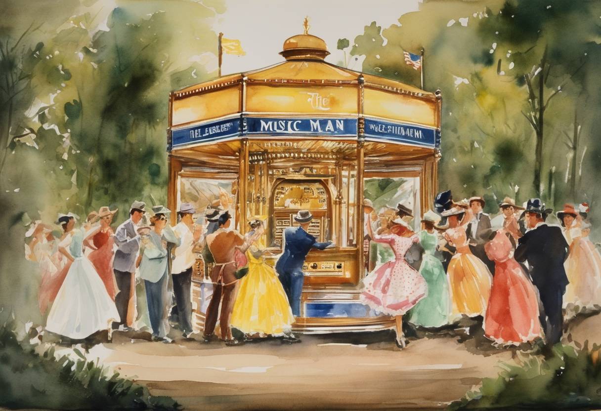 Watercolor painting based depiction of The jukebox musical 'The Music Man,' directed by Morton DaCosta and written by Meredith Willson, was released as a major motion picture. (1959)