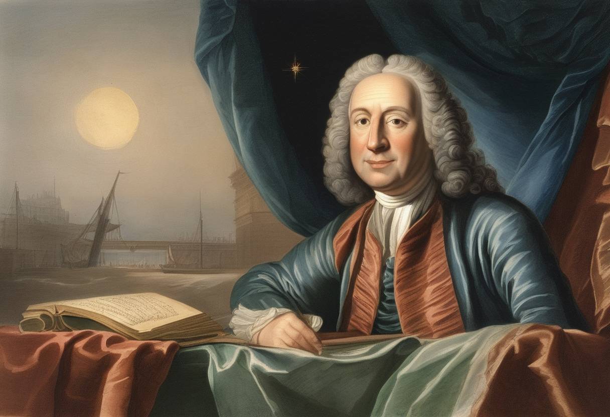 Watercolor painting based depiction of Edmund Halley, the English astronomer, geophysicist, mathematician, meteorologist, and physicist best known for computing the orbit of the eponymous Halley's Comet, passed away. (1742)