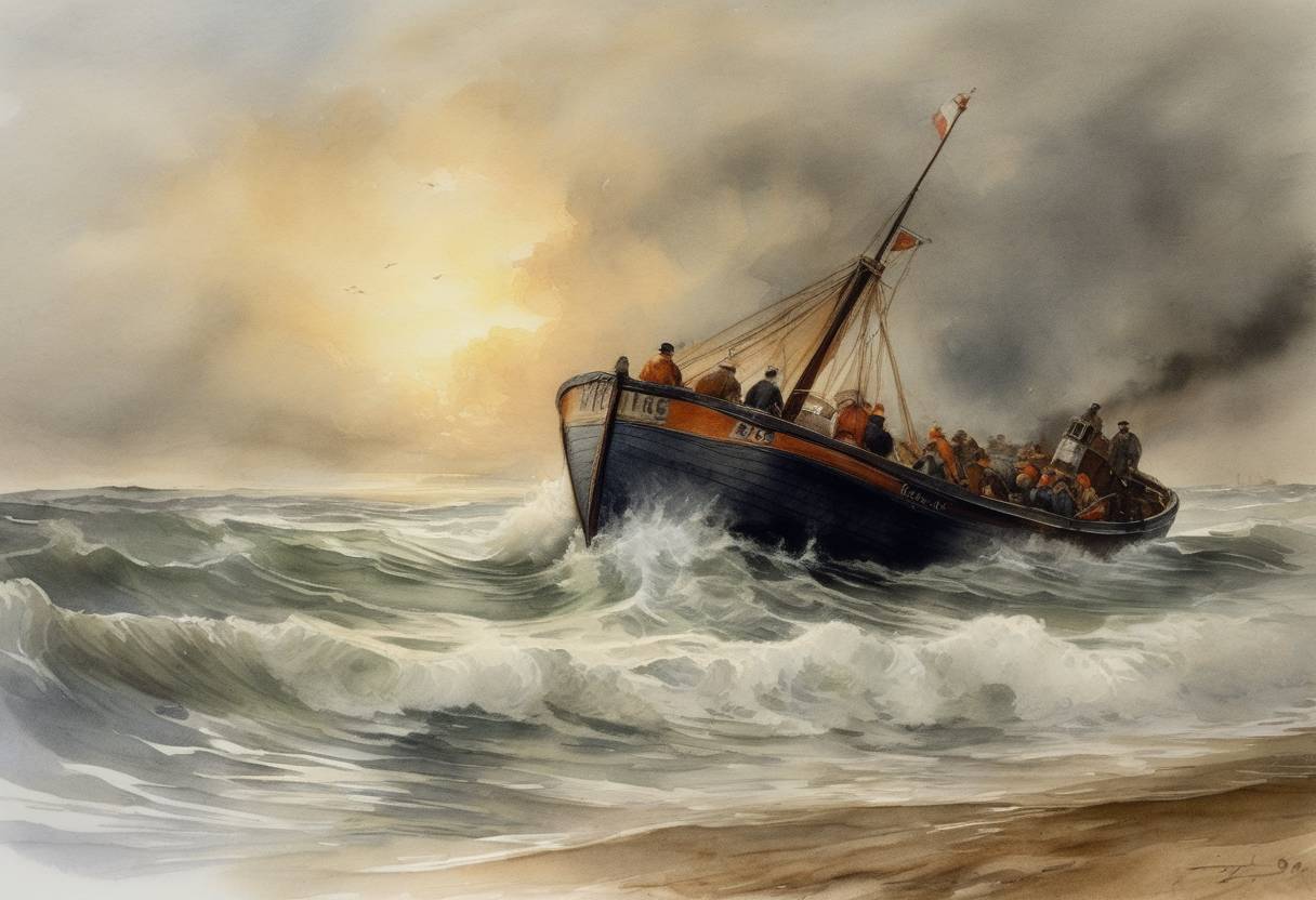 Watercolor painting based depiction of The Caister Lifeboat Disaster occurred off the coast of Norfolk, England, resulting in the loss of nine lives when the lifeboat Beauchamp capsized during a rescue mission. (1901)