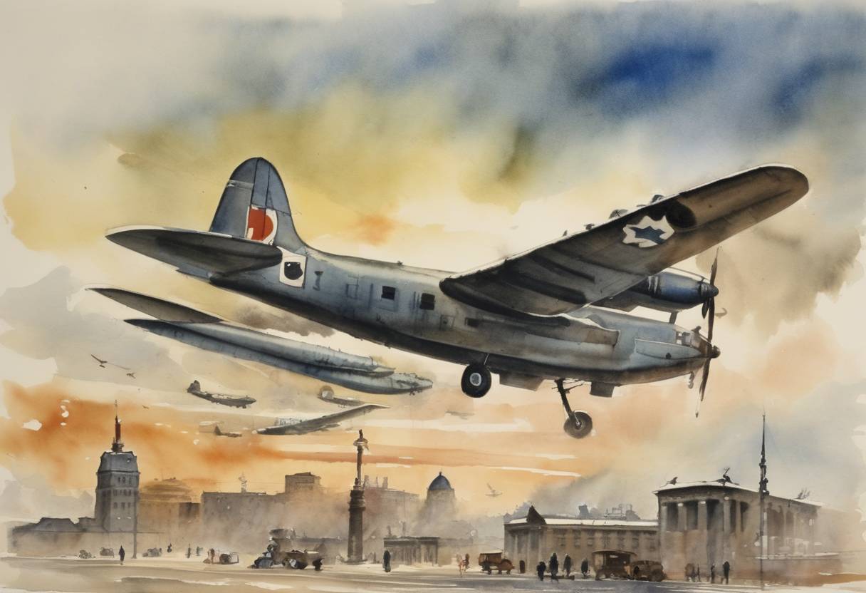 Watercolor painting based depiction of The Berlin Airlift began in response to the Soviet blockade of West Berlin. (1948)