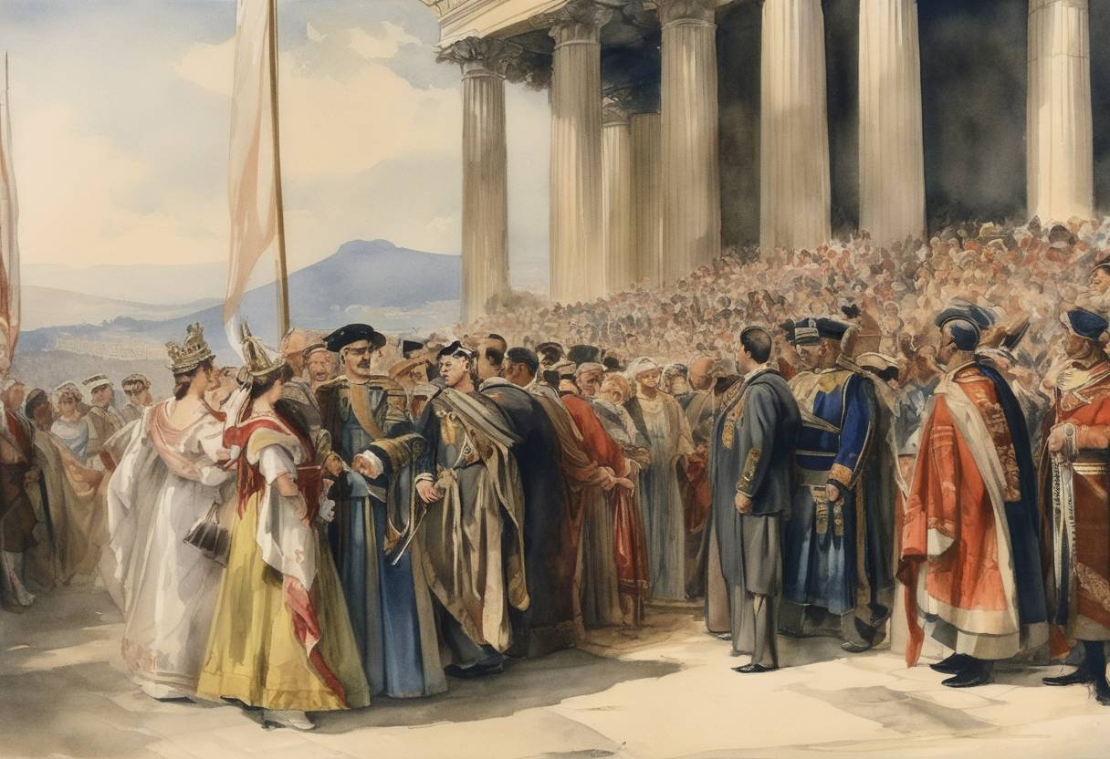 Watercolor painting based depiction of George II returns to Greece as king after a plebiscite confirming the restoration of the monarchy following the abolition of the republic. (1935)