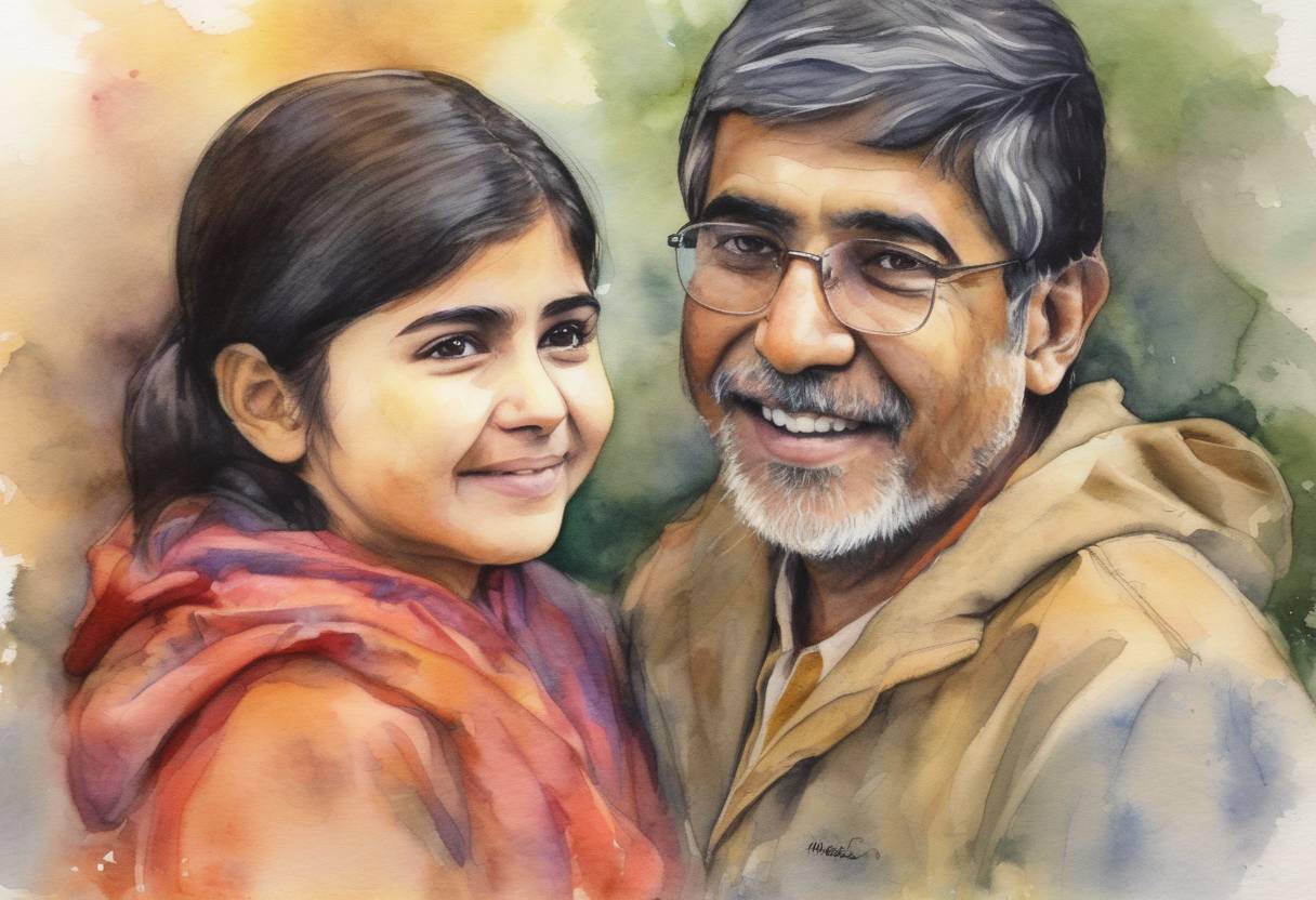 Watercolor painting based depiction of The Nobel Peace Prize was awarded to Malala Yousafzai and Kailash Satyarthi for their struggle against the suppression of children and young people and for the right of all children to education. (2014)