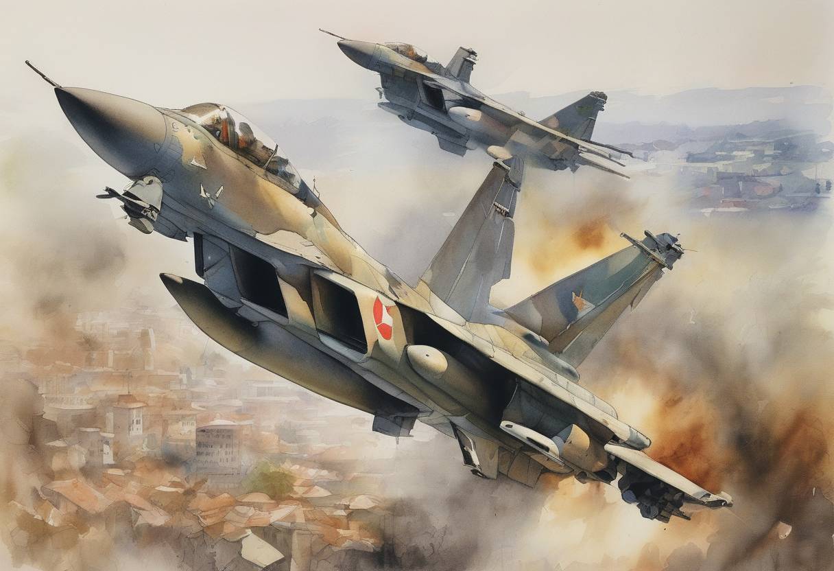 Watercolor painting based depiction of NATO launched air strikes against Yugoslavia, marking the beginning of the Kosovo War intervention. (1999)