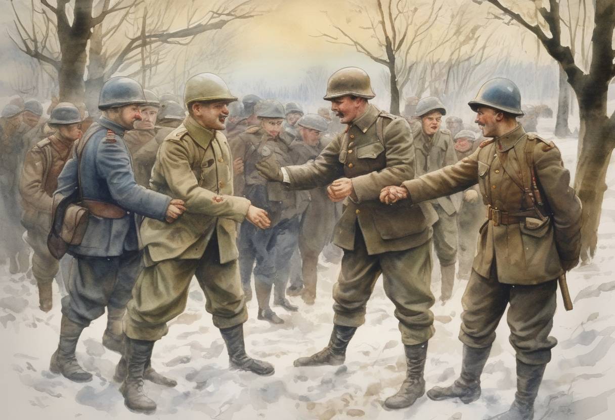 Watercolor painting based depiction of The Christmas Truce occurred during World War I, when soldiers on the Western Front unofficially ceased hostilities to celebrate Christmas. This truce involved soldiers from both sides exchanging greetings and gifts, and even playing football together. (1914)