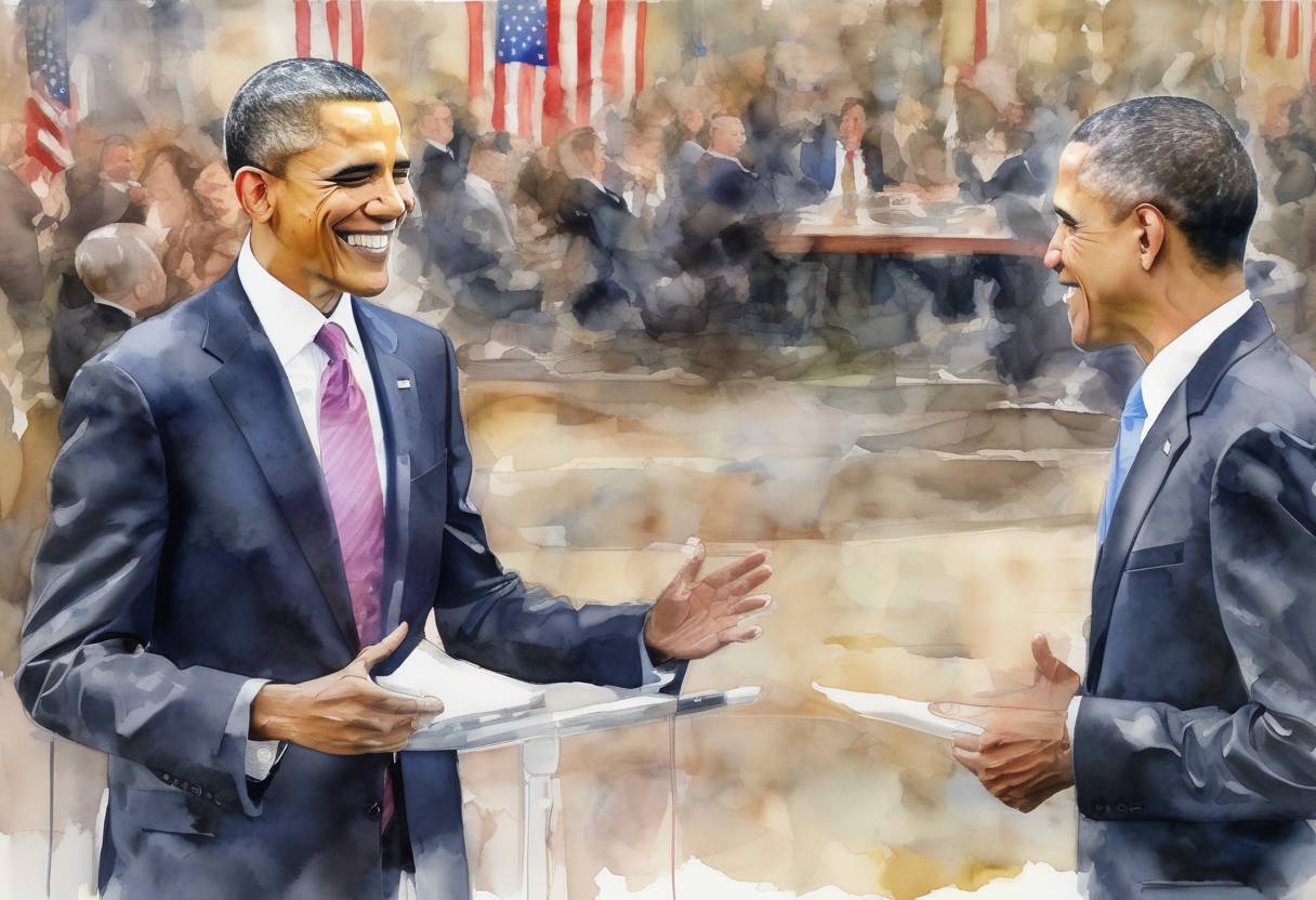 Watercolor painting based depiction of The final presidential debate between Barack Obama and Mitt Romney took place, focusing on foreign policy issues. (2012)