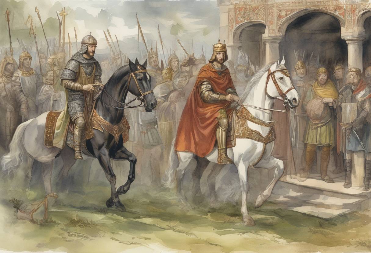 Watercolor painting based depiction of King Athelstan of England dies, leading to the succession of his half-brother Edmund I. Athelstan's reign is noted for consolidating the kingdom of England and his influence over other British kingdoms. (936)