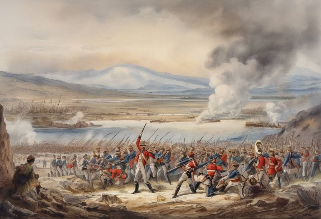 Watercolor painting based depiction of The Battle of Alma took place during the Crimean War, marking the first major engagement between the allied British, French, and Ottoman forces against the Russian Empire. (1854)