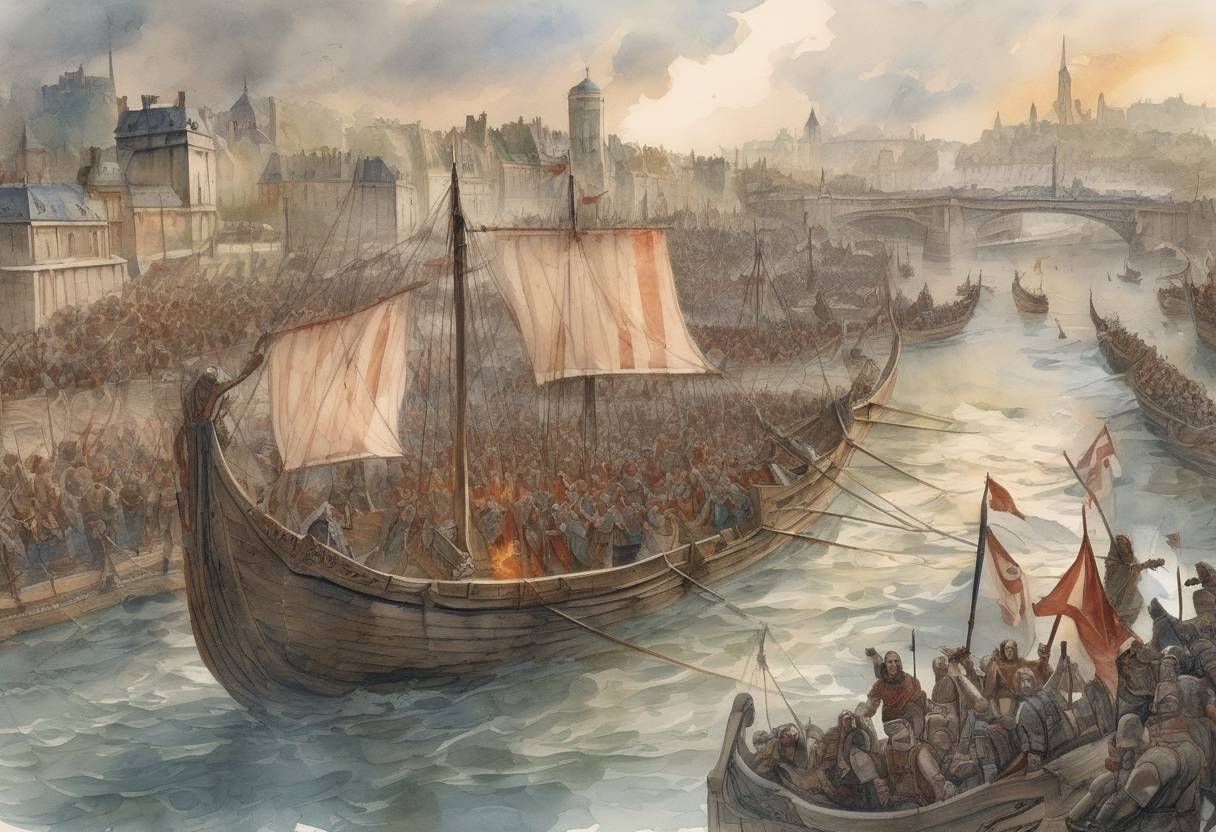 Watercolor painting based depiction of The Siege of Paris begins as a Viking fleet, led by Sigfred and Sinric, arrives at the city, marking a significant event in the Viking invasions of France. (885)