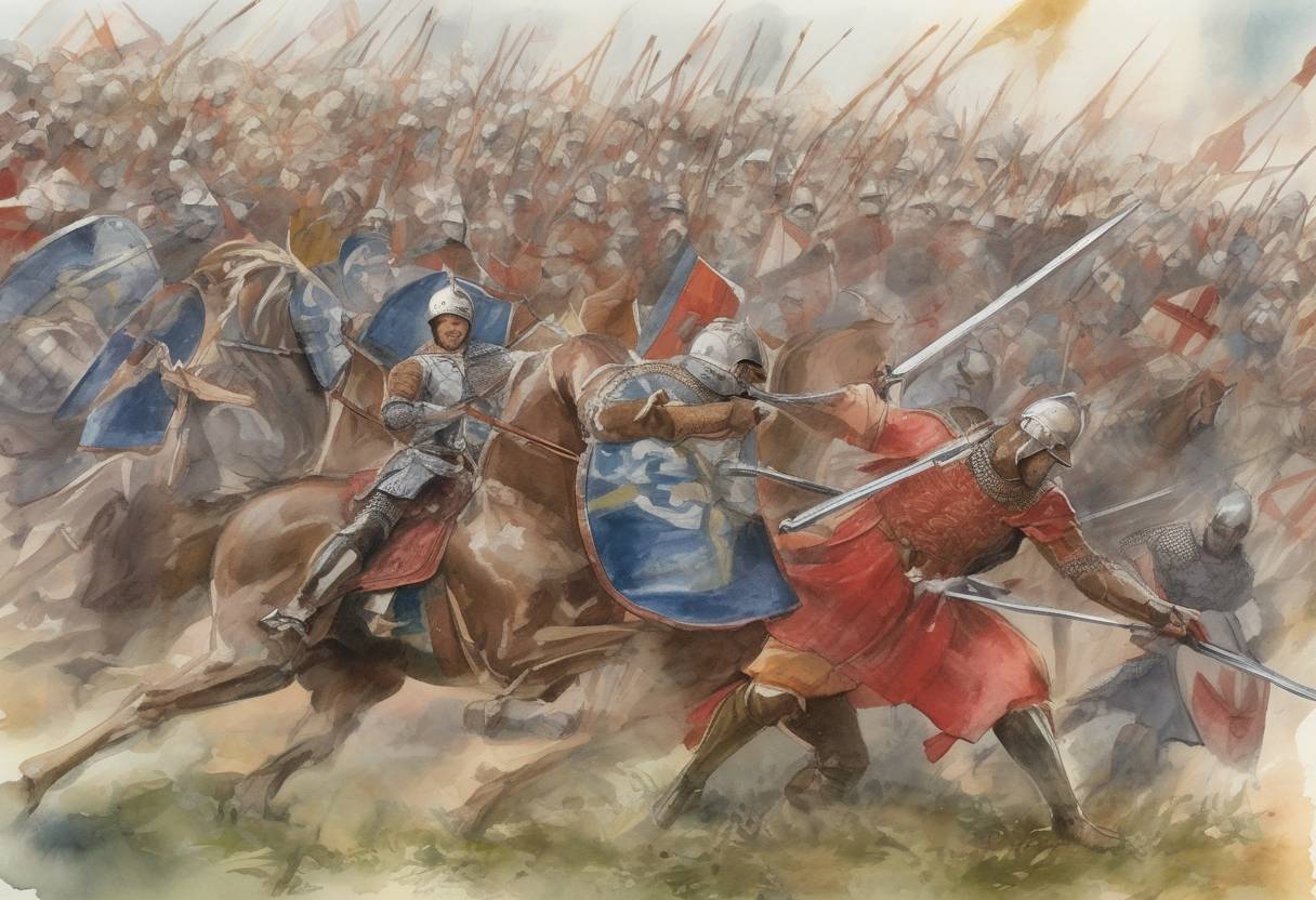 Watercolor painting based depiction of The Battle of Maserfield takes place, where King Penda of Mercia defeats and kills King Oswald of Northumbria. (642)